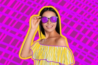 Image of Fashionable woman with sunglasses on bright background, creative art collage. Colorful outline around her. Stylish poster