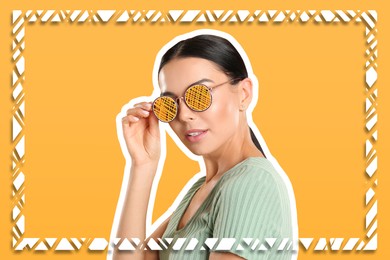 Image of Fashionable woman with sunglasses on orange background, creative art collage. White outline around her. Stylish poster