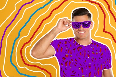 Image of Happy man with sunglasses on orange background, creative art collage. Colorful outline around him. Stylish poster