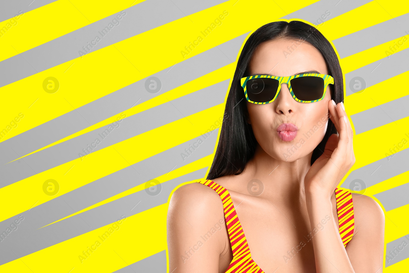 Image of Fashionable woman with sunglasses on bright background, creative art collage. Yellow outline around her. Stylish poster