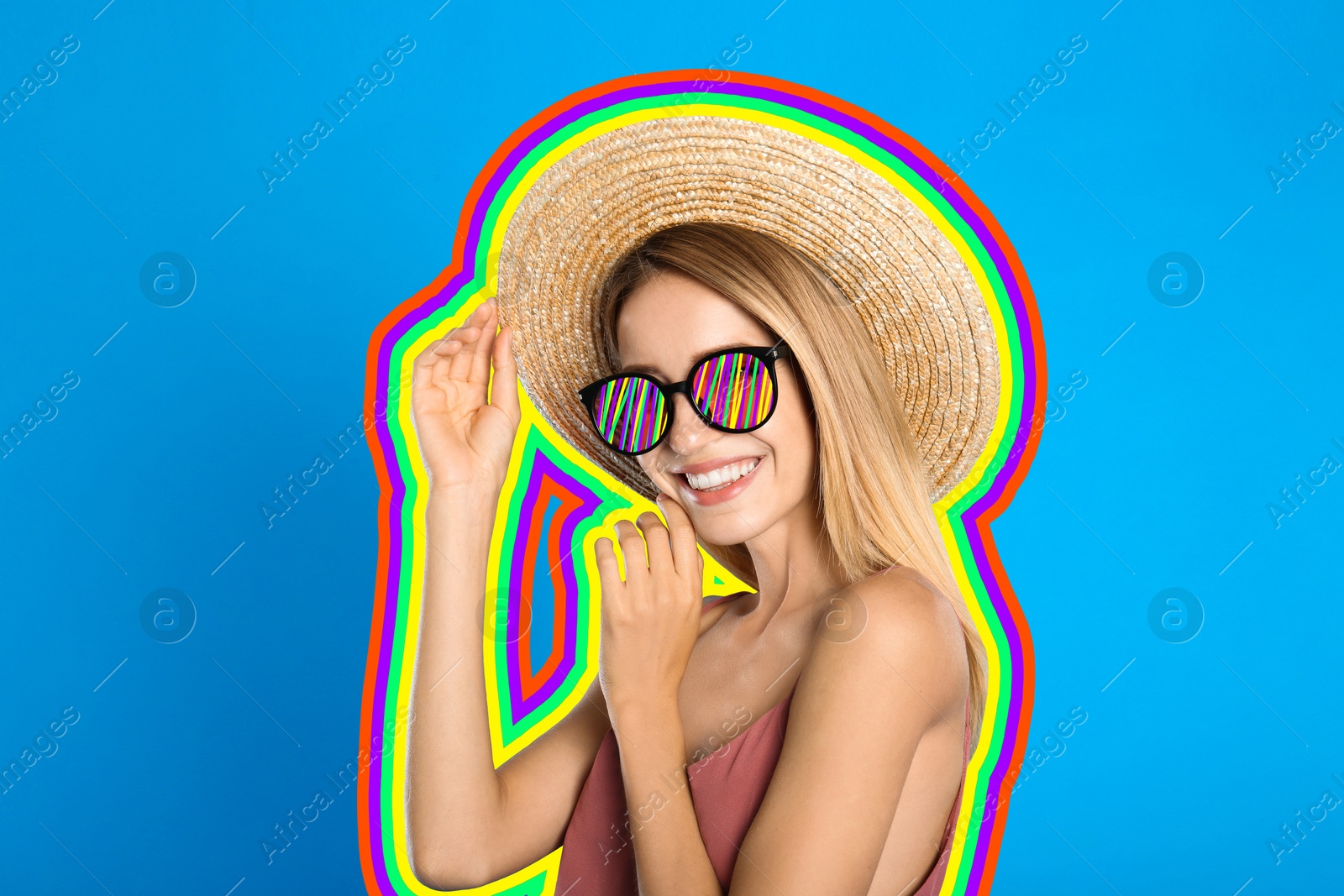 Image of Fashionable woman with sunglasses and straw hat on blue background, creative art collage. Colorful outline around her. Stylish poster