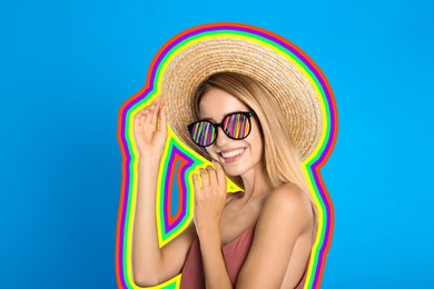 Fashionable woman with sunglasses and straw hat on blue background, creative art collage. Colorful outline around her. Stylish poster