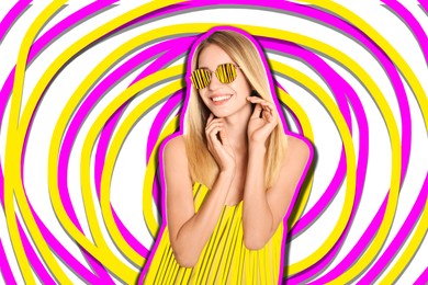 Image of Fashionable woman with sunglasses on bright background, creative art collage. Colorful outline around her. Stylish poster