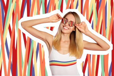 Fashionable woman with sunglasses on bright background, creative art collage. White outline around her. Stylish poster