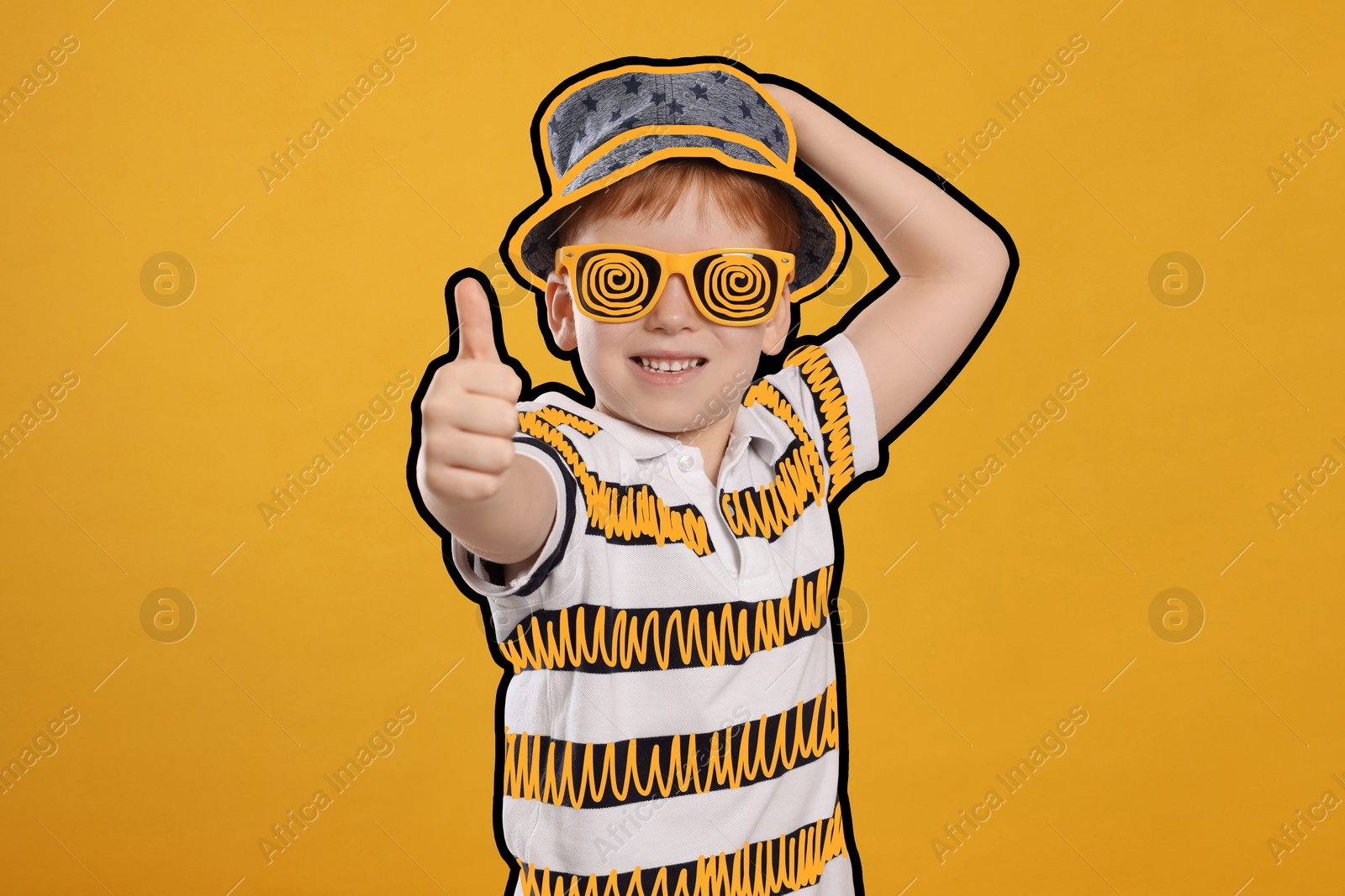 Image of Cute kid showing thumbs up on orange background, creative art collage. Black outline around him. Stylish poster