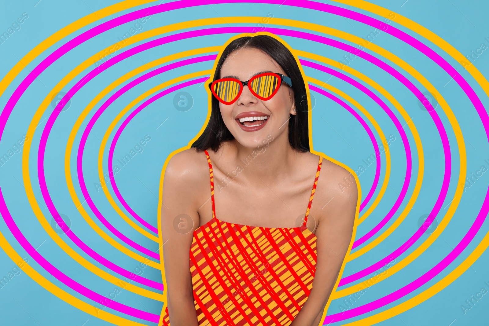 Image of Fashionable woman with sunglasses on bright background, creative art collage. Orange outline around her. Stylish poster