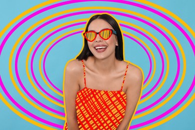 Image of Fashionable woman with sunglasses on bright background, creative art collage. Orange outline around her. Stylish poster