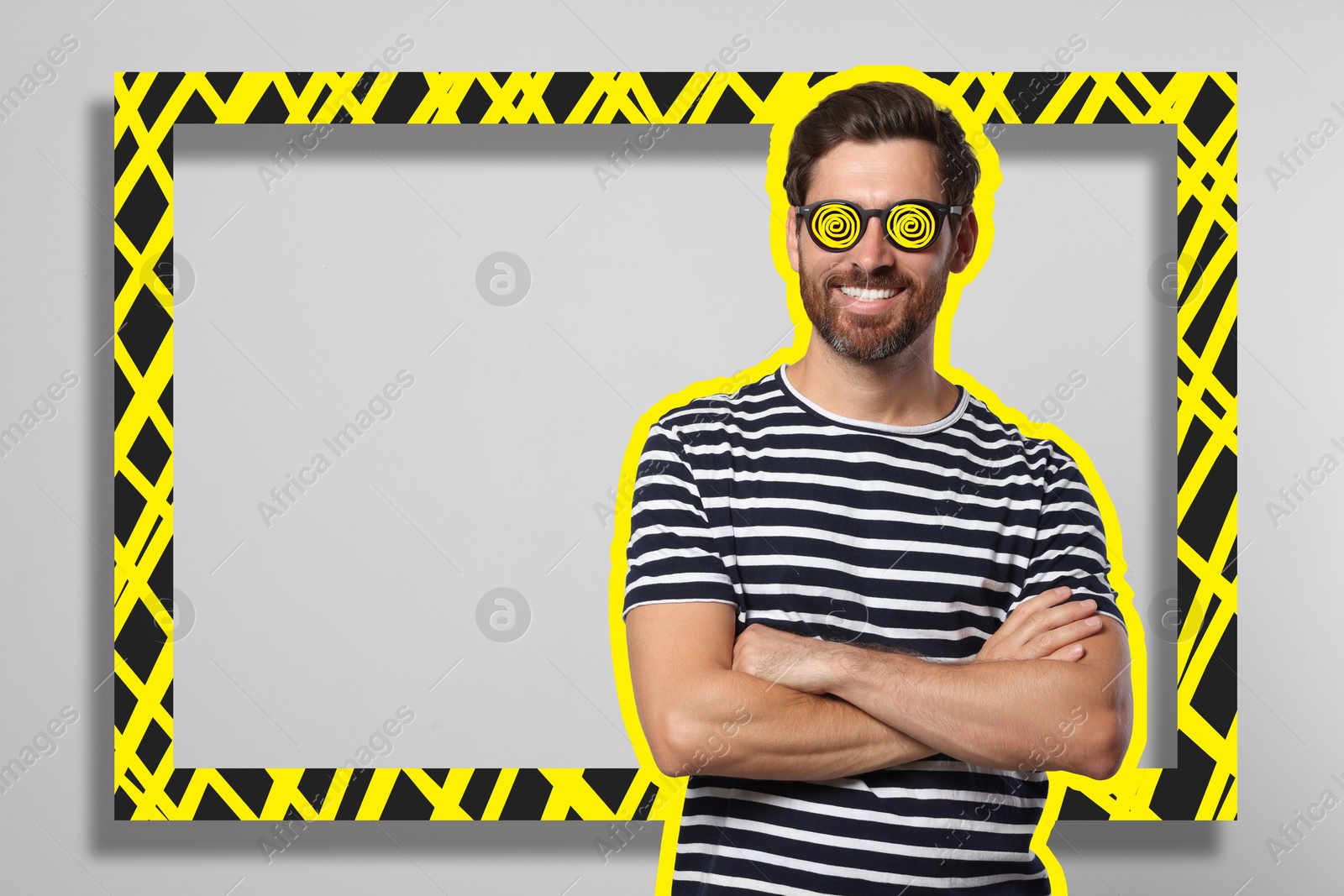 Image of Man with sunglasses on grey background, creative art collage. Yellow outline around him. Stylish poster