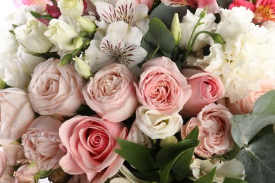 Photo of Bouquet of beautiful flowers as background, closeup