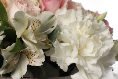 Bouquet of beautiful flowers on white background, closeup