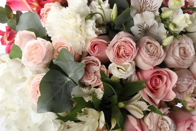 Photo of Bouquet of beautiful flowers as background, closeup