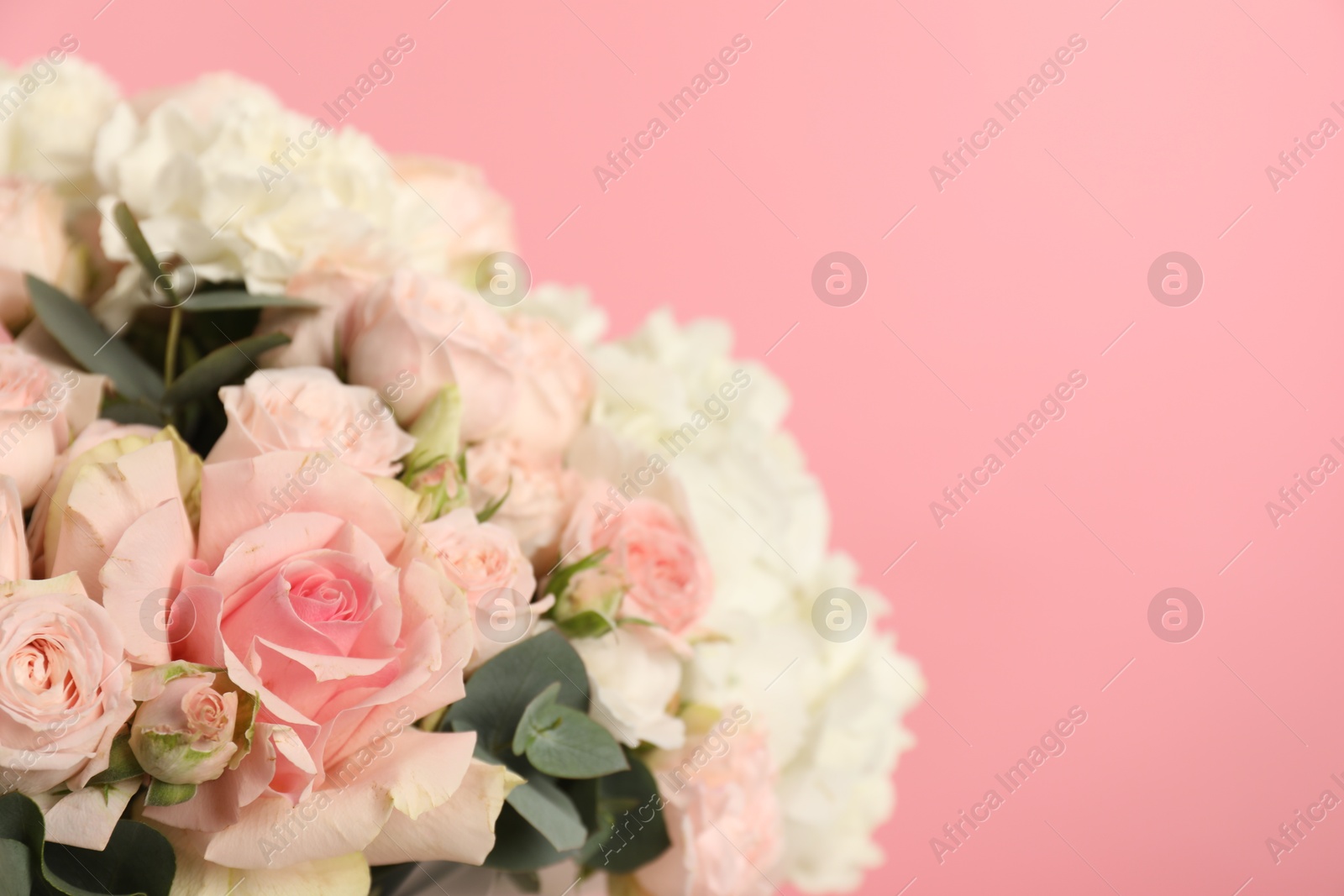 Photo of Beautiful bouquet on pink background, closeup. Space for text