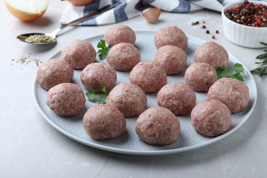 Photo of Many fresh raw meatballs on light table