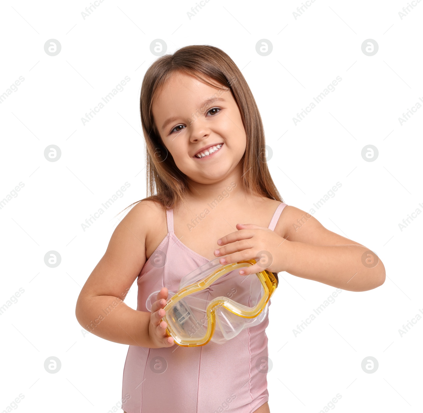 Photo of Cute little girl in swimsuit with mask on white background