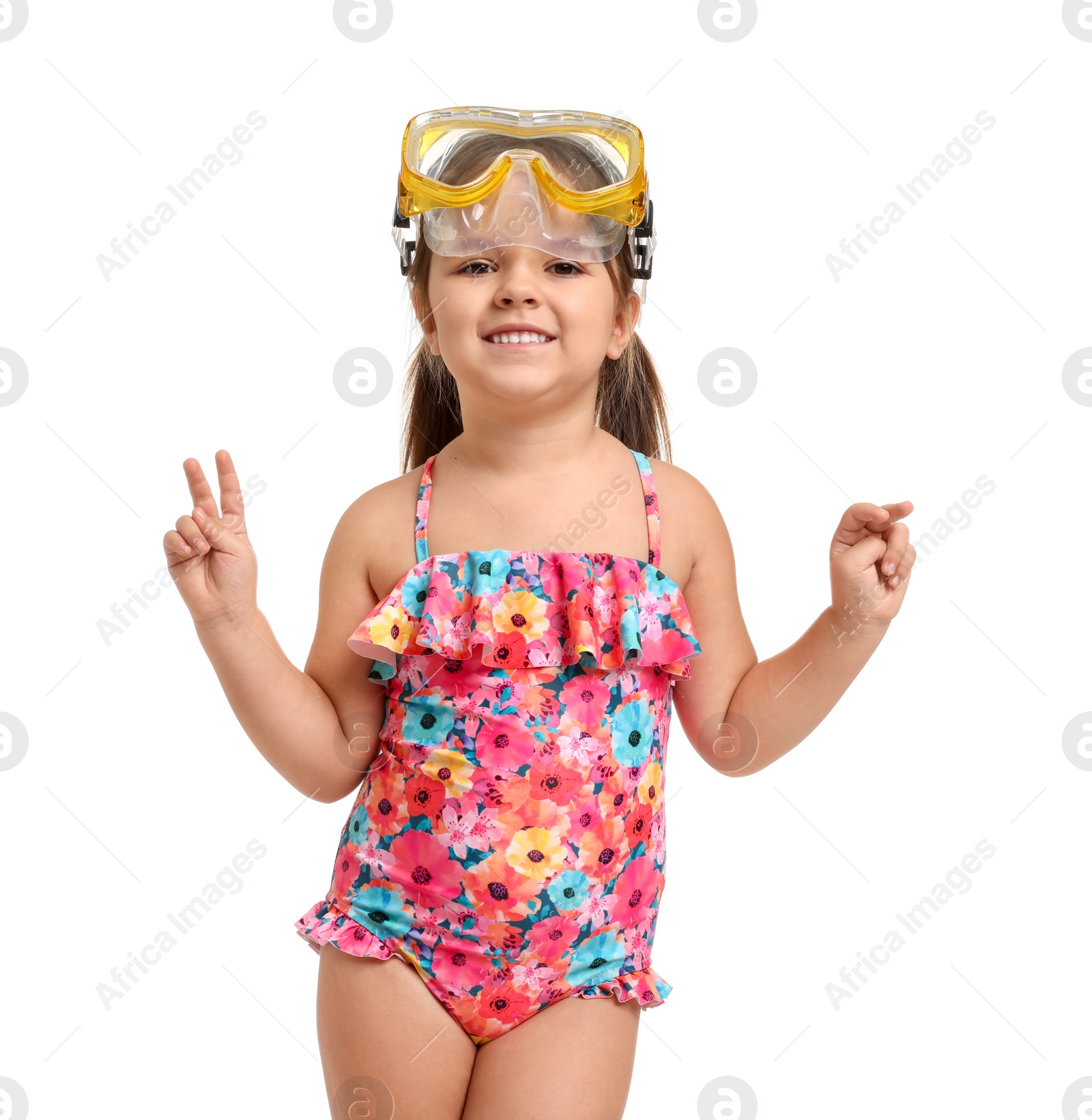 Photo of Cute little girl in swimsuit with mask on white background