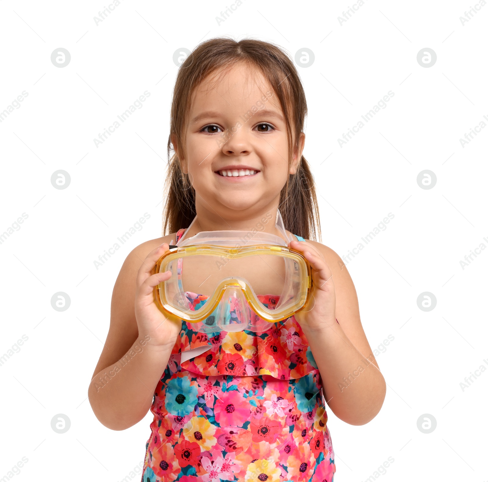 Photo of Cute little girl in swimsuit with mask on white background