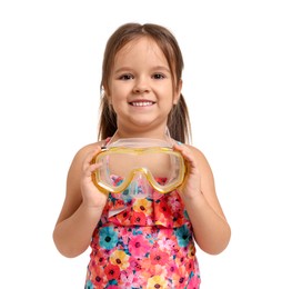 Cute little girl in swimsuit with mask on white background