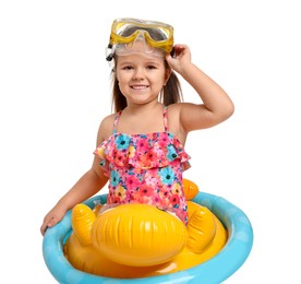 Cute little girl in swimsuit with inflatable ring on white background