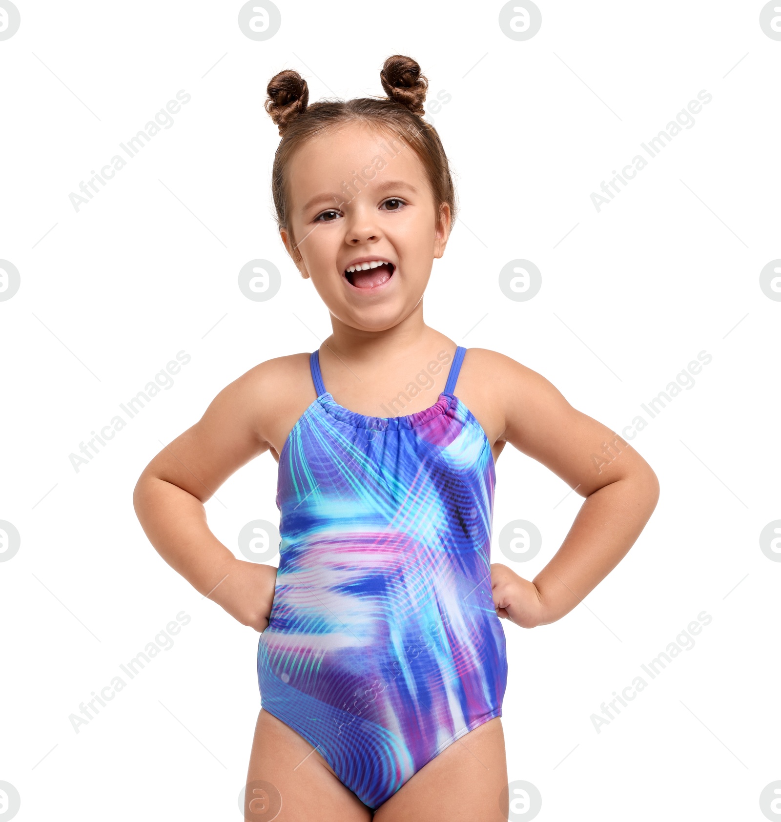 Photo of Cute little girl in swimsuit on white background