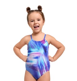 Cute little girl in swimsuit on white background