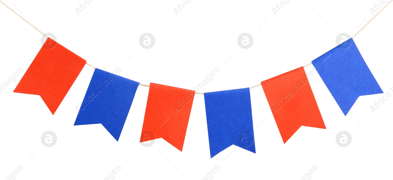 Photo of Colorful party flags isolated on white. Festive decor