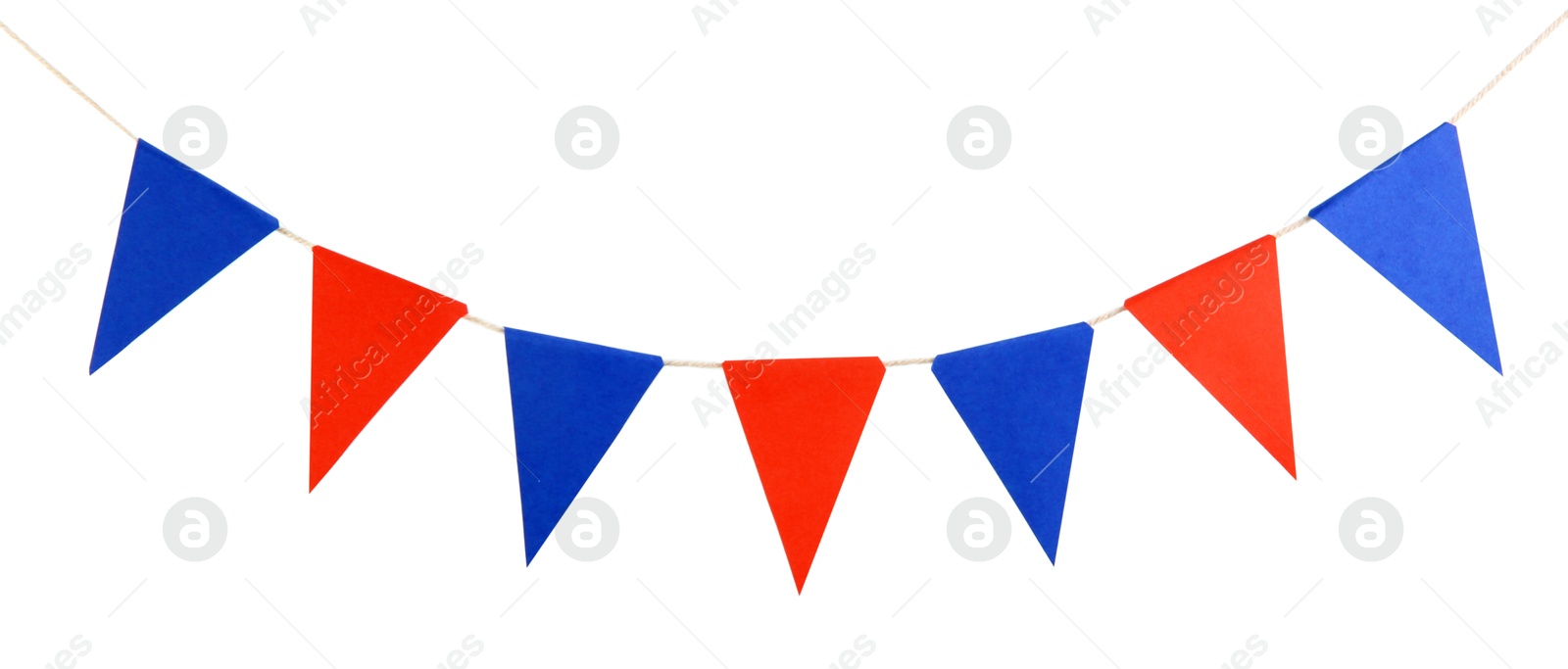 Photo of Colorful party flags isolated on white. Festive decor