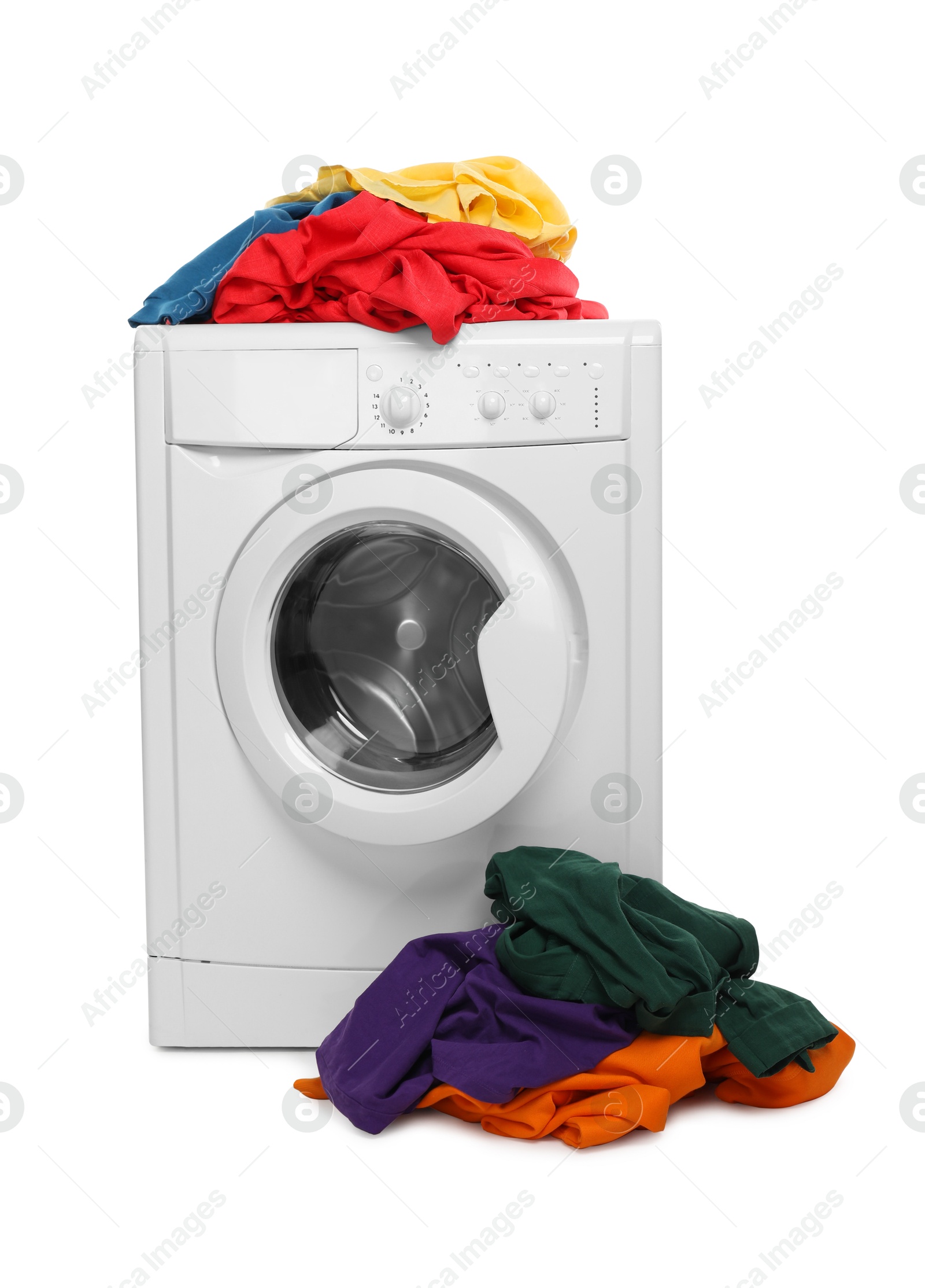 Photo of Modern washing machine with laundry isolated on white