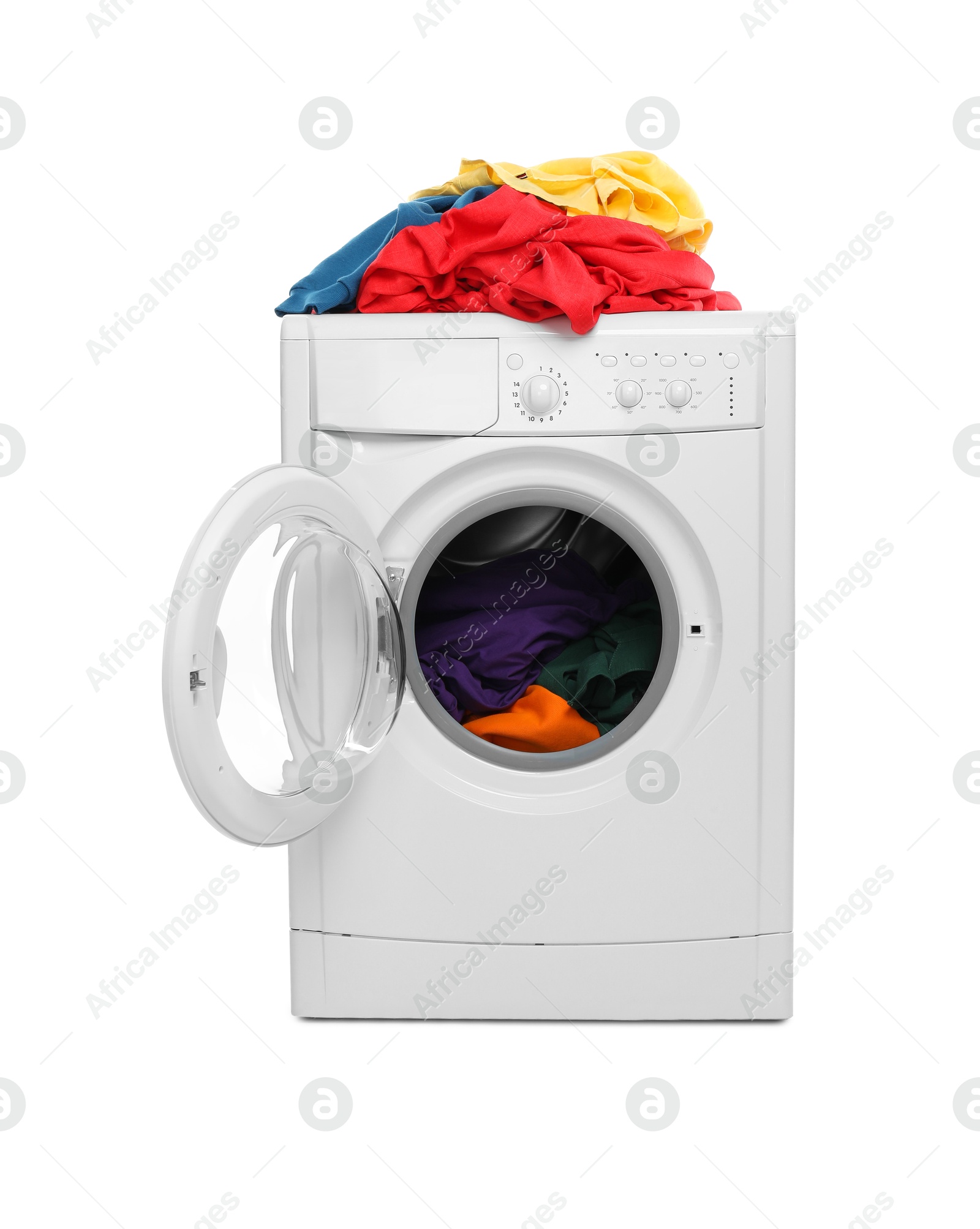 Photo of Modern washing machine with laundry isolated on white