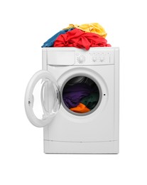 Photo of Modern washing machine with laundry isolated on white