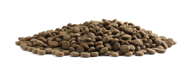 Photo of Pile of pet food isolated on white