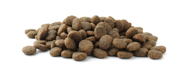 Photo of Pile of pet food isolated on white