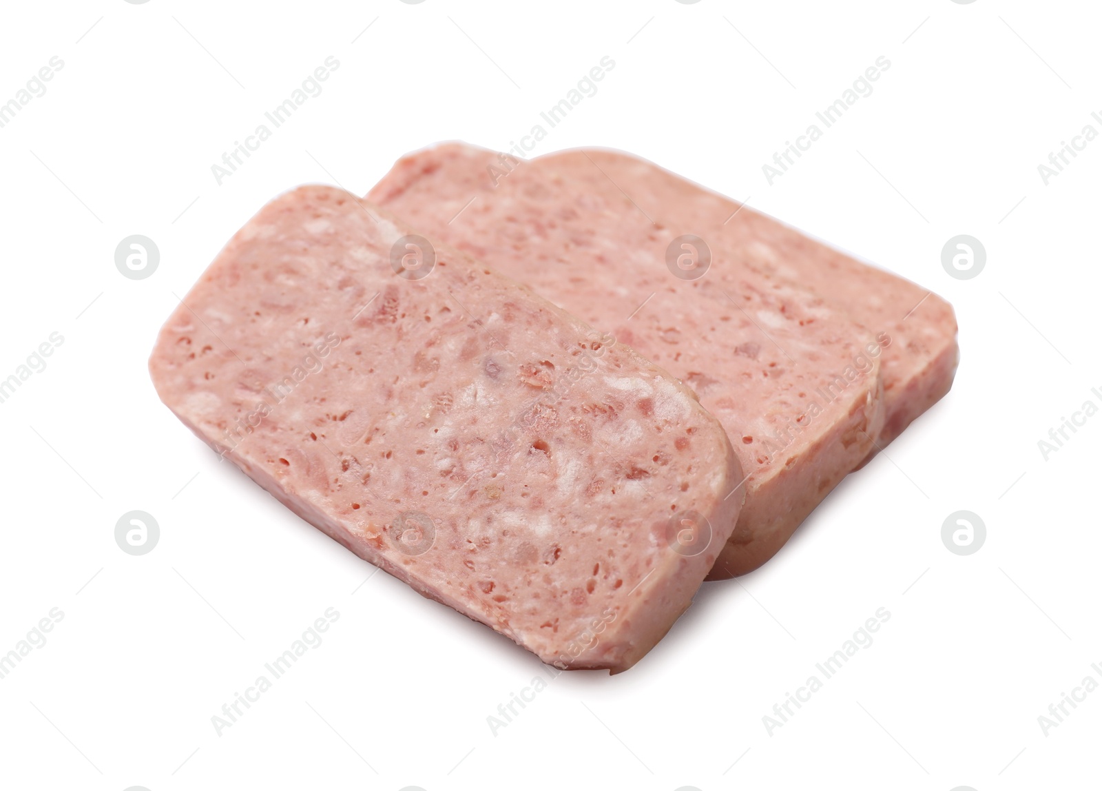 Photo of Pieces of canned meat isolated on white