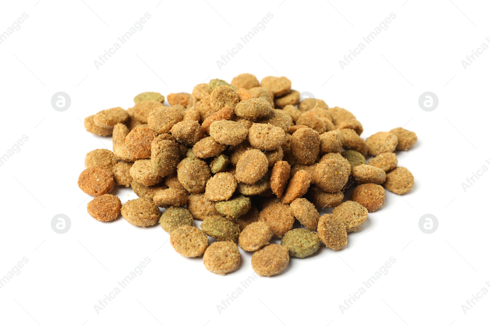 Photo of Dry pet food granules isolated on white