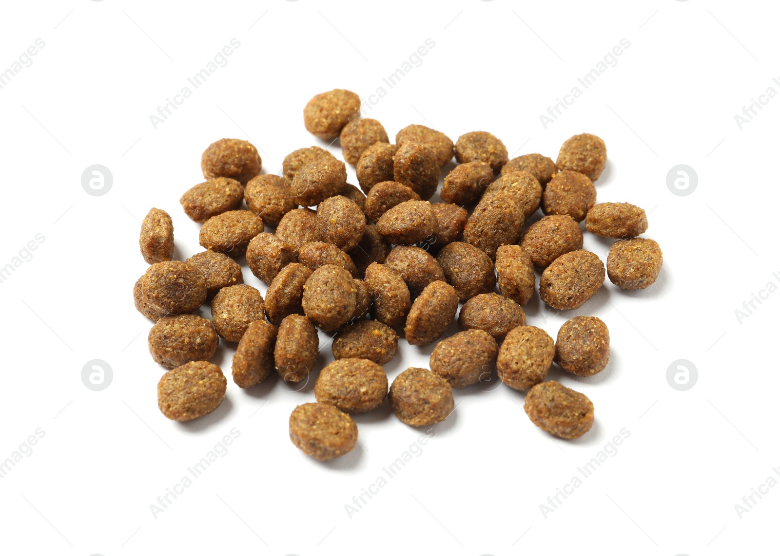 Photo of Dry pet food granules isolated on white