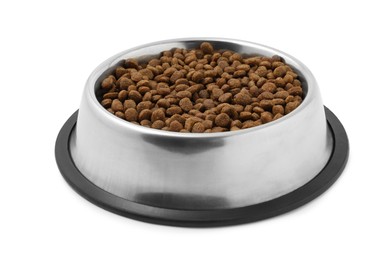 Dry pet food granules in feeding bowl isolated on white