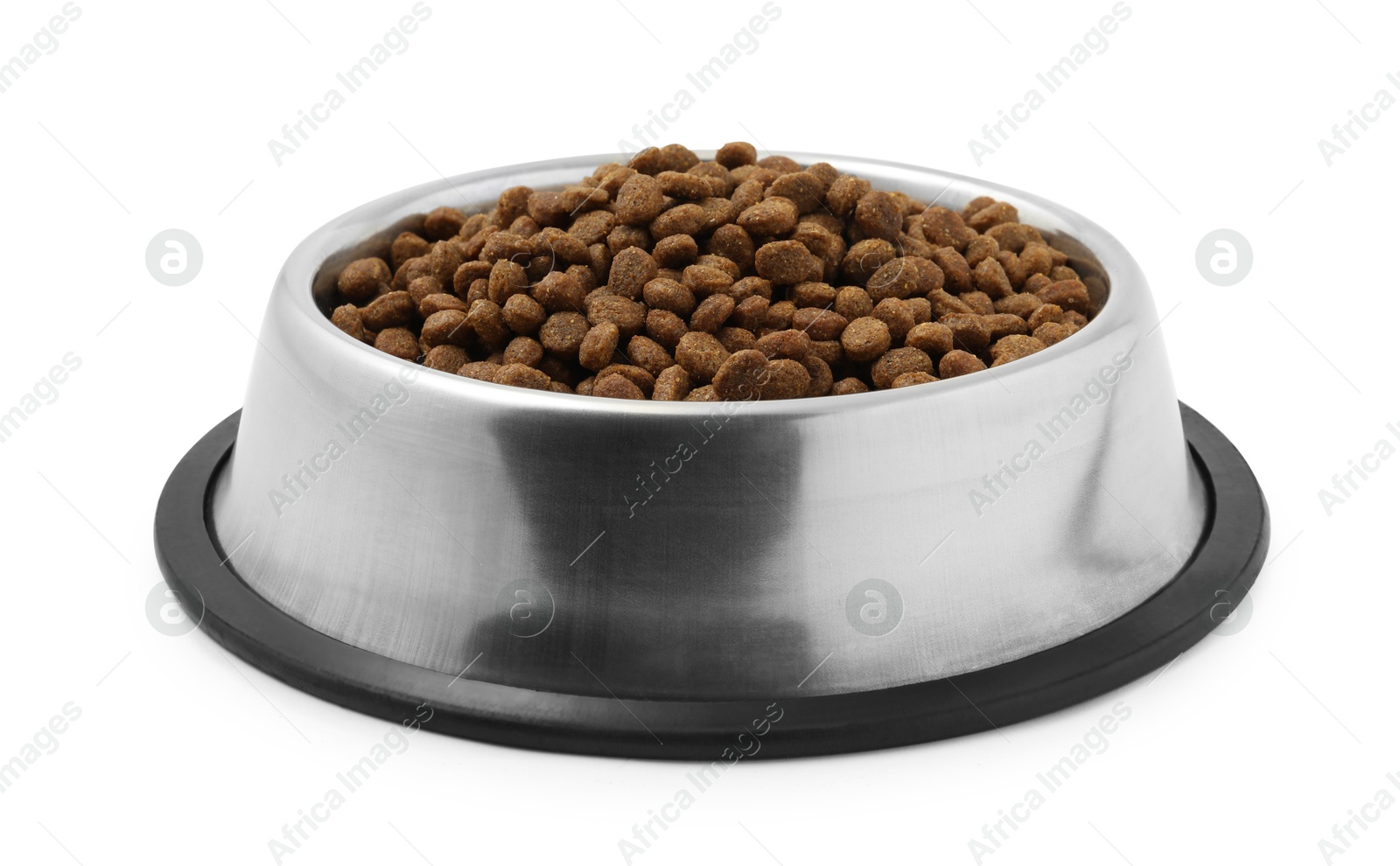 Photo of Dry pet food granules in feeding bowl isolated on white