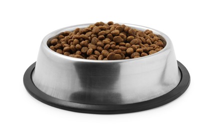 Dry pet food granules in feeding bowl isolated on white