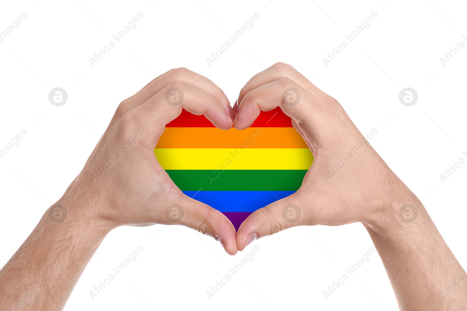 Image of Man showing heart with LGBT colors on white background, closeup. Tolerance and acceptance