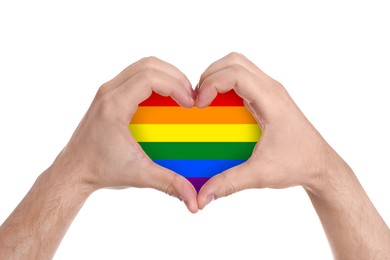 Image of Man showing heart with LGBT colors on white background, closeup. Tolerance and acceptance