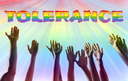 Tolerance and acceptance. Group of people raising hands under LGBT colors rays outdoors, closeup