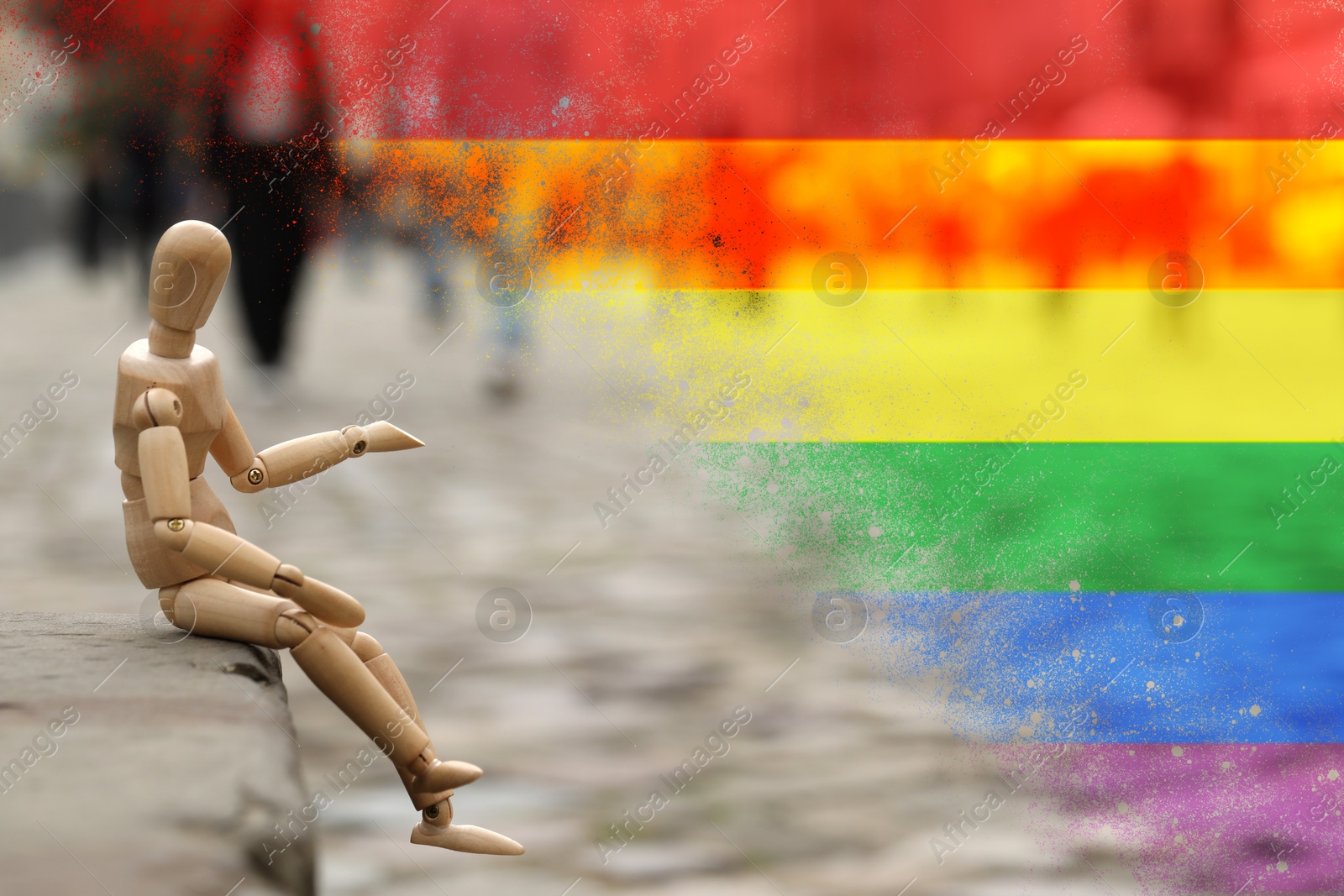 Image of Wooden human figure sitting on curb outdoors and LGBT flag, double exposure. Tolerance and acceptance