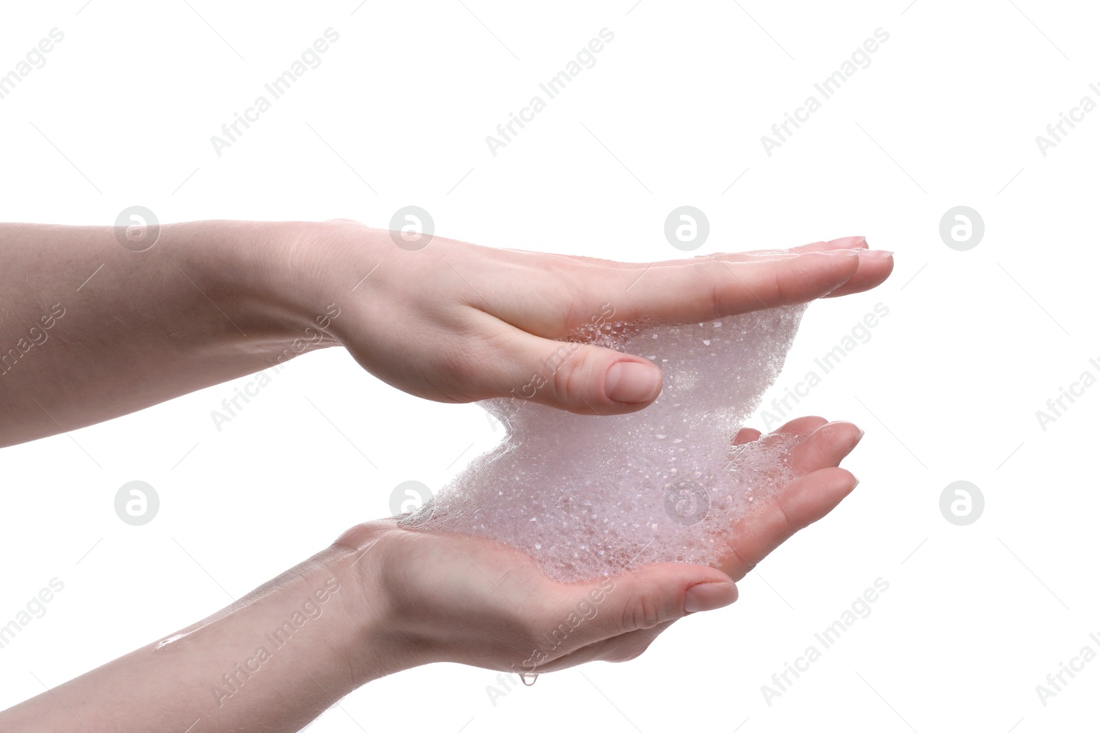 Photo of Woman with bath foam on white background, closeup