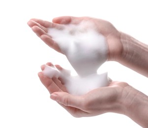 Photo of Woman with bath foam on white background, closeup