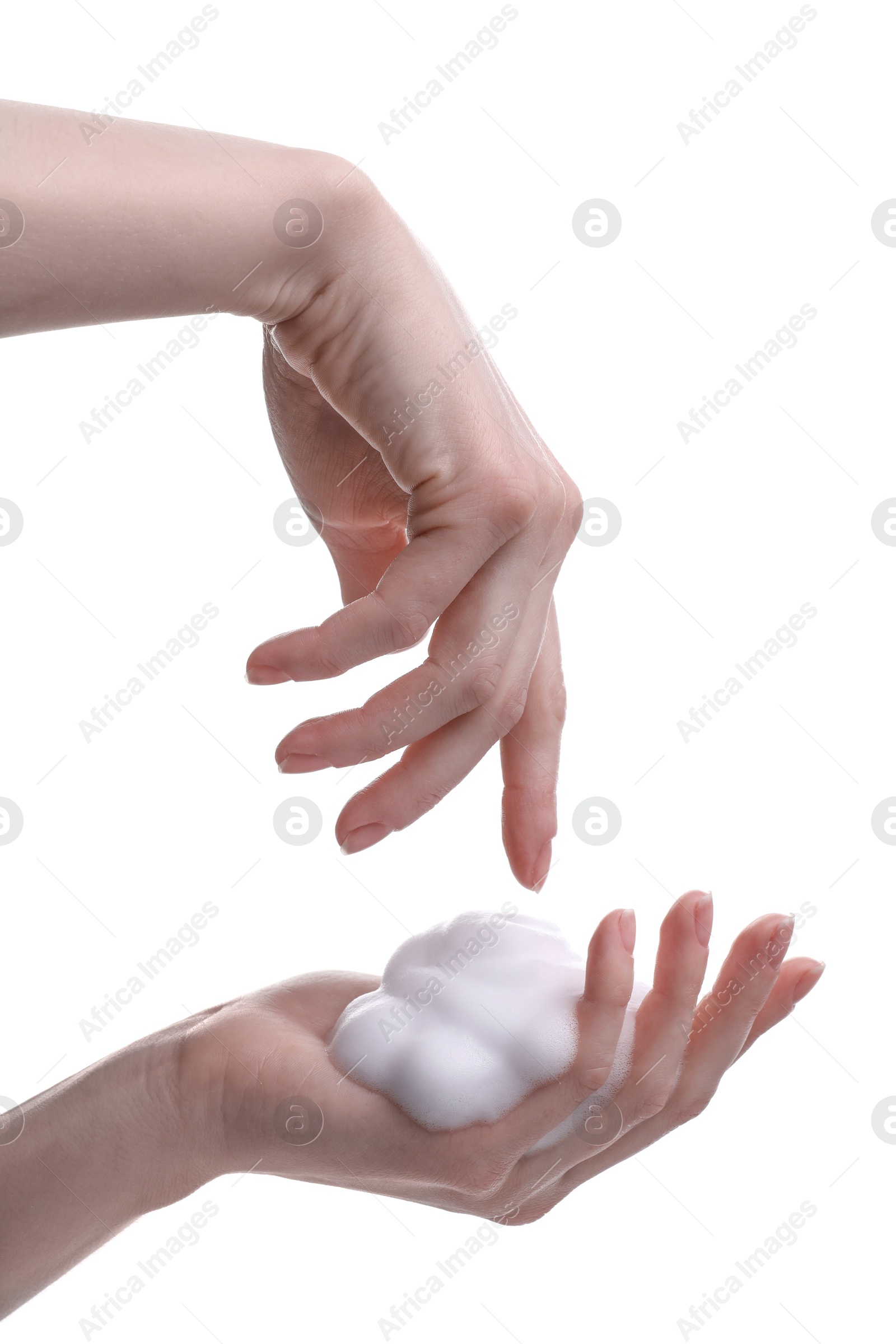 Photo of Woman with bath foam on white background, closeup