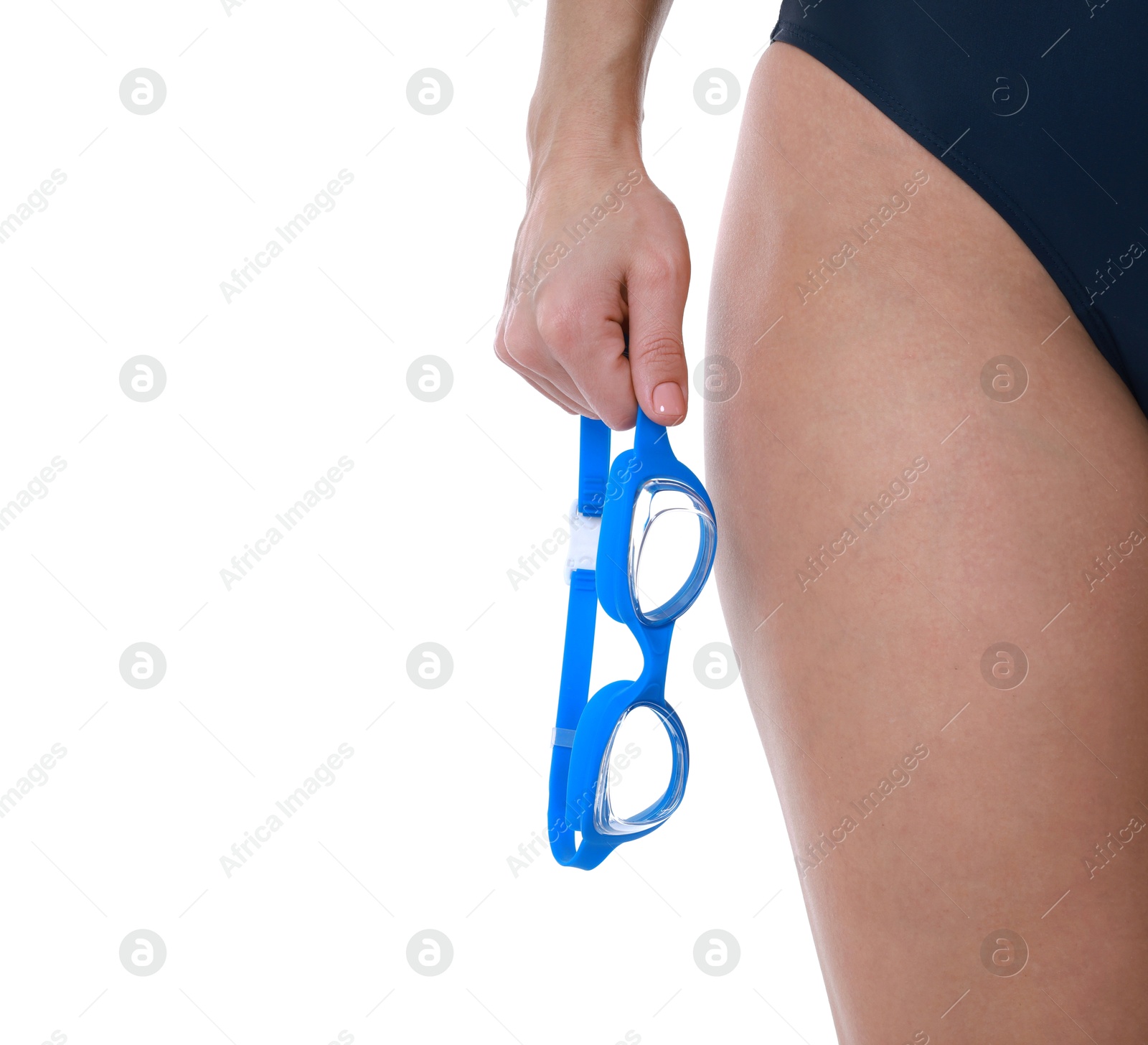 Photo of Professional sportswoman in swimsuit with swimming goggles on white background, closeup