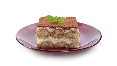 Photo of Delicious tiramisu with mint isolated on white