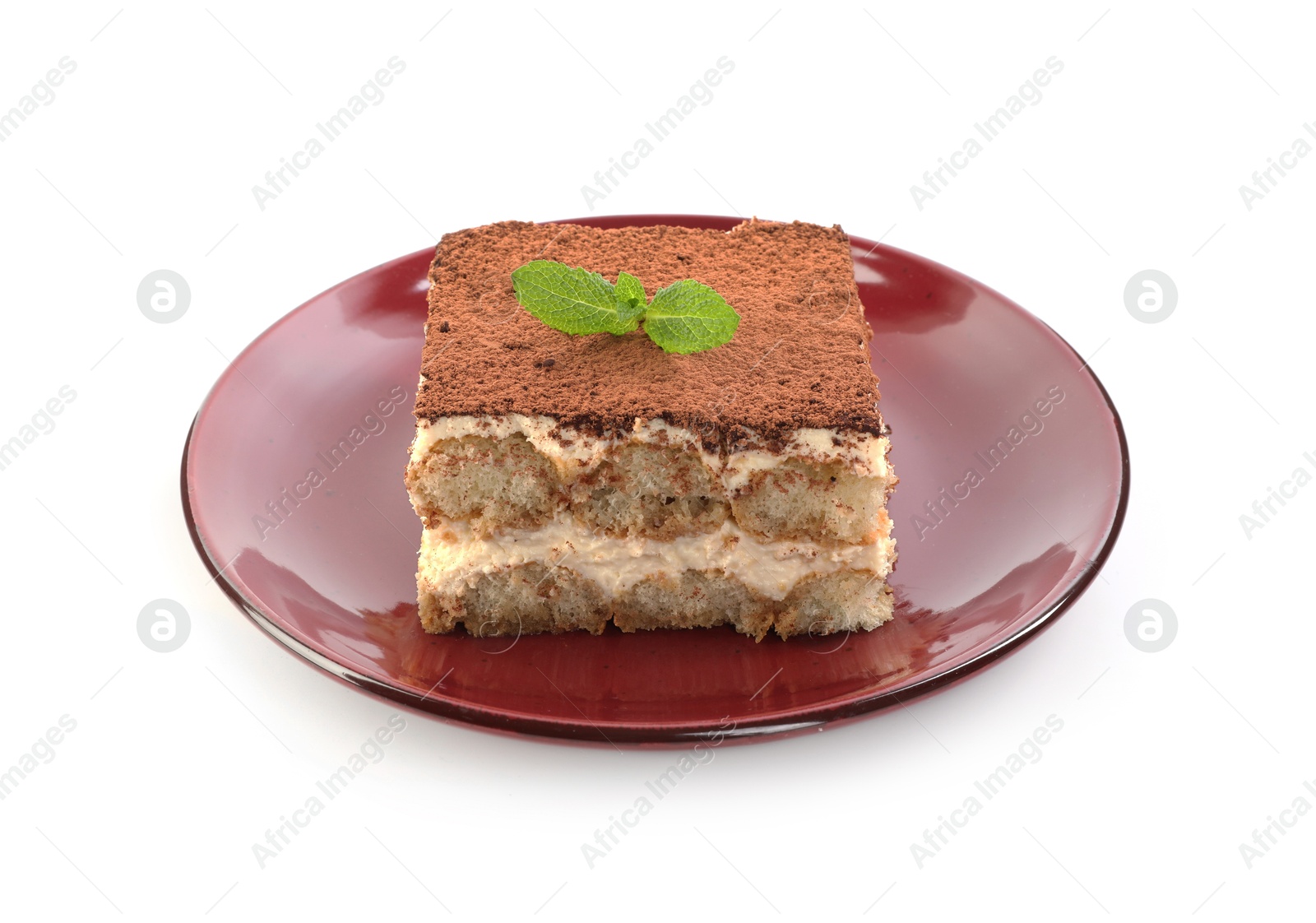 Photo of Delicious tiramisu with mint isolated on white