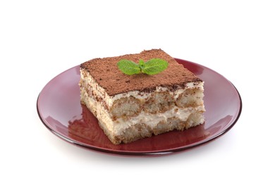 Photo of Delicious tiramisu with mint isolated on white