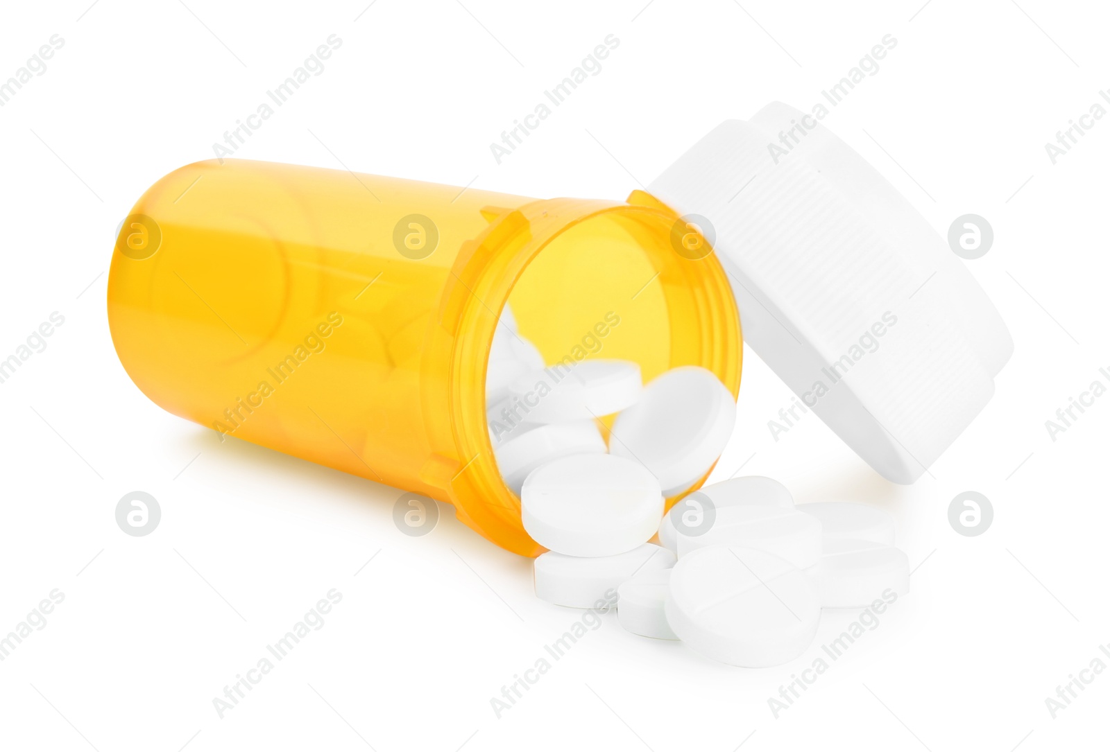 Photo of Antibiotic pills with medical bottle and cap on white background