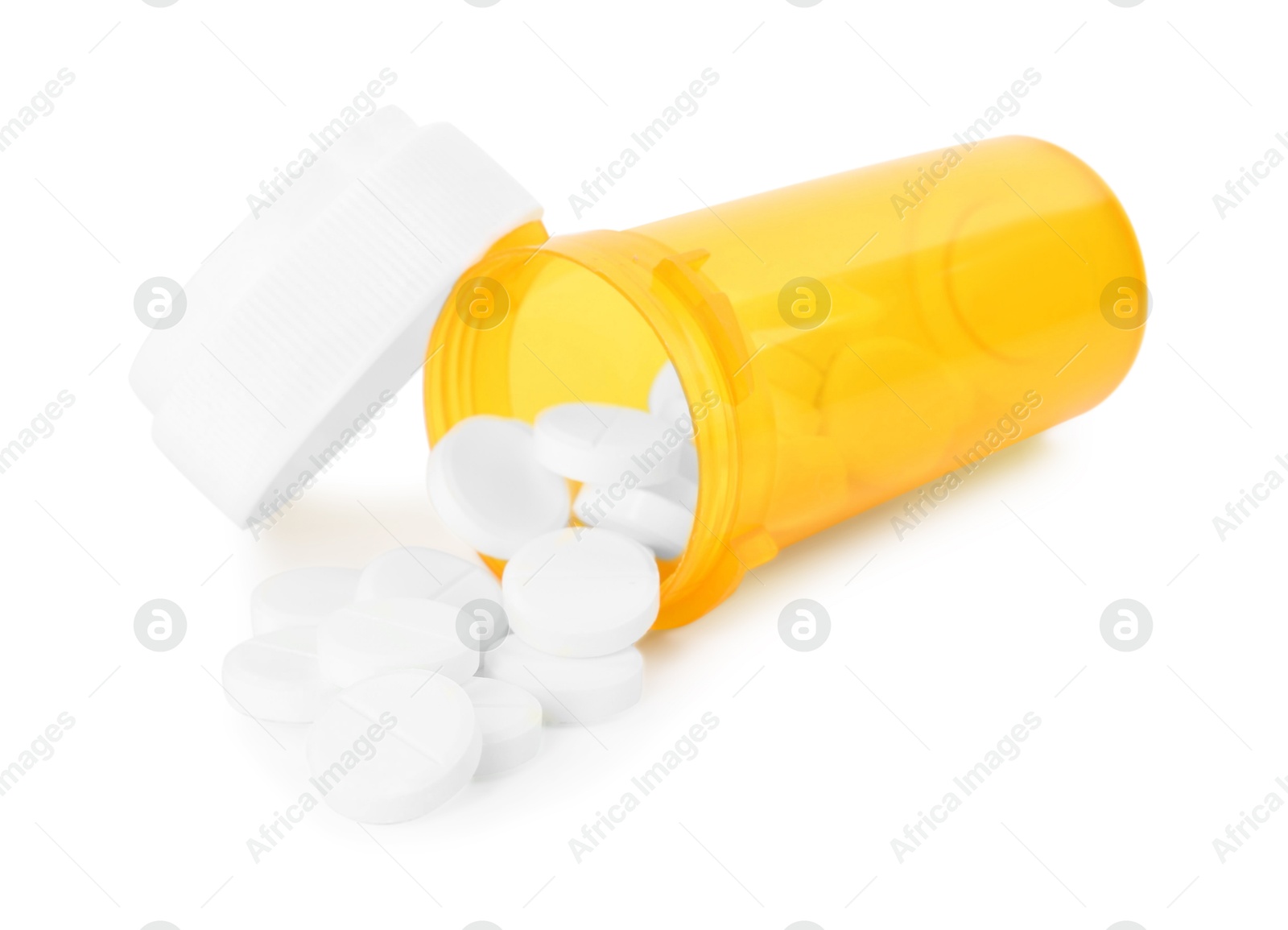 Photo of Antibiotic pills with medical bottle and cap on white background